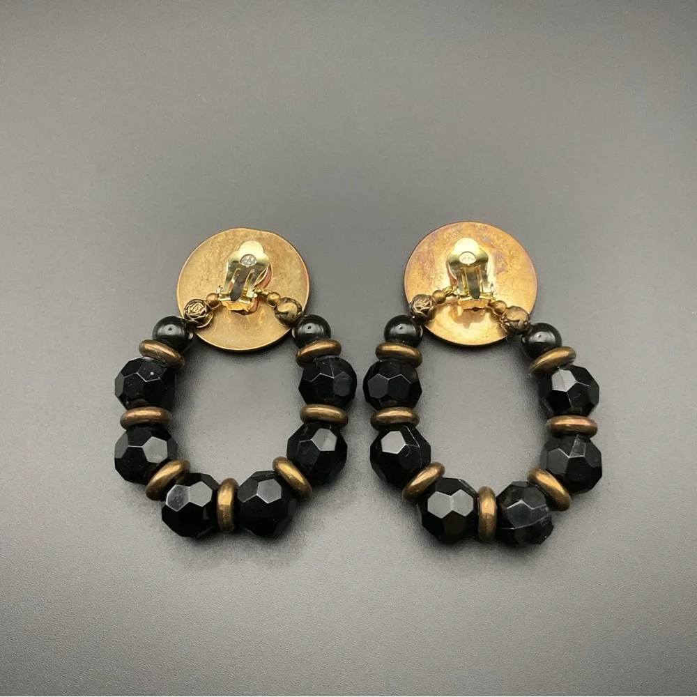 Vintage Gold Tone and Black Beaded Clip On Earrings Adjustable